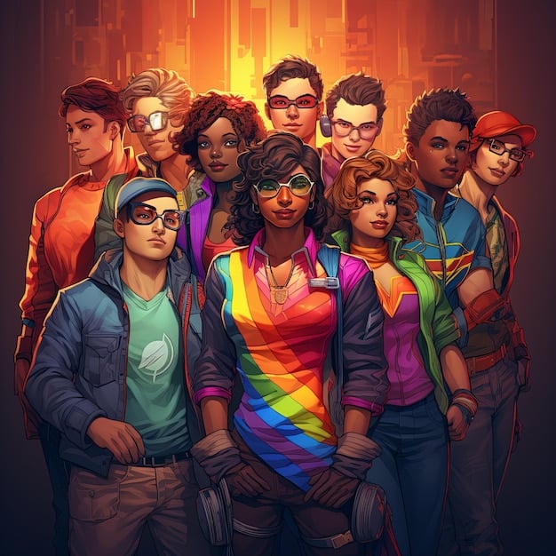 A group of diverse League of Legends players, some wearing LGBTQ+ pride symbols, participating in a community event hosted by Riot Games, showcasing inclusivity and support.