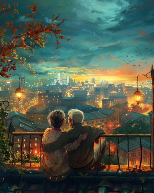 A digital painting depicting Caitlyn and Vi sharing a tender moment in Piltover, with the cityscape in the background. The art style is soft and romantic, emphasizing their connection.