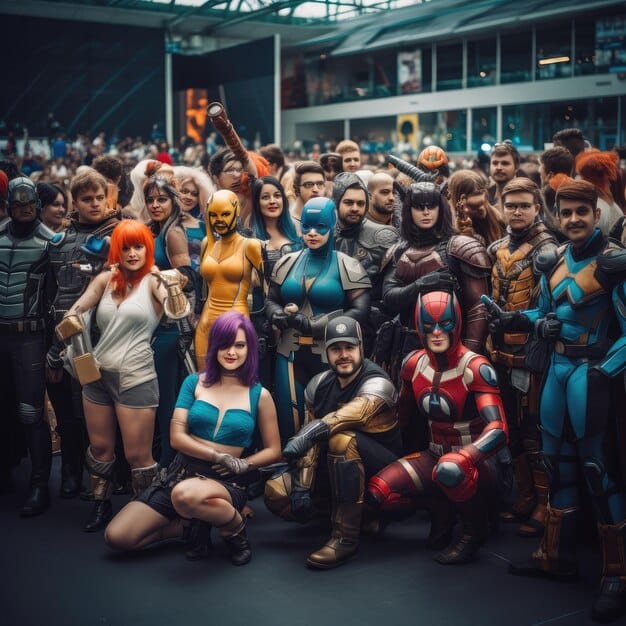 A panoramic shot of a League of Legends LGBTQ+ Cosplay Showcase, showing a diverse group of cosplayers posing together on stage, surrounded by cheering fans.