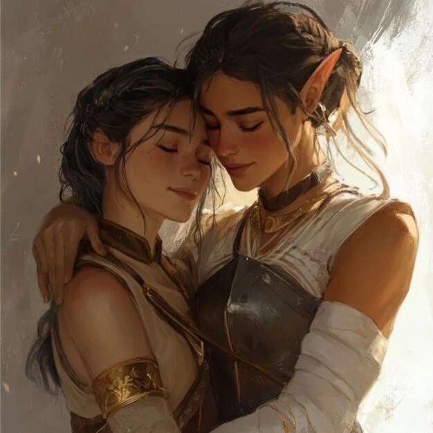 A digital painting featuring Leona and Diana from League of Legends in a romantic embrace, with the sun and moon symbolically represented in the background, showcasing a soft and warm color palette to convey intimacy and love.