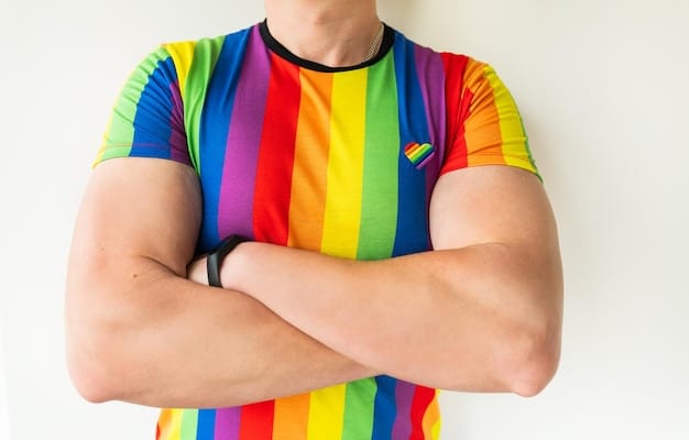 A close-up shot of an esports player wearing a League of Legends jersey with a rainbow LGBTQ+ pride patch on the sleeve during a match. The player appears focused and determined.