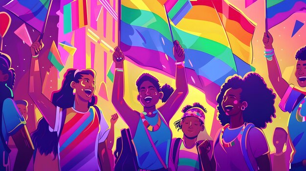 A vibrant and inclusive scene from a League of Legends esports event, featuring rainbow decorations and supportive banners. Fans are cheering and holding up signs with LGBTQ+ positive messages.