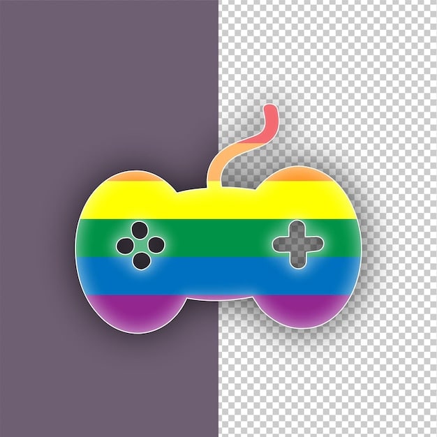 A photo of an LGBTQ+ flag with a game controller in the center, symbolizing the intersection of LGBTQ+ identity and gaming culture. The flag is brightly lit, creating a sense of pride and visibility. The controller is modern and sleek, representing the technological aspect of online community building.