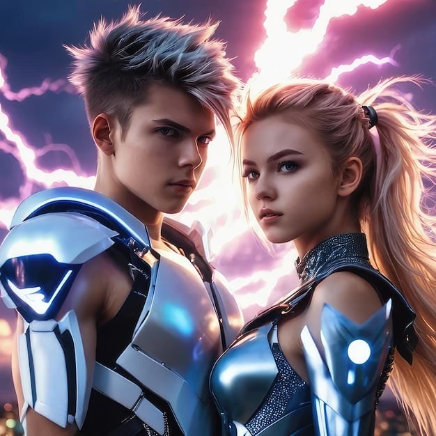 A League of Legends duo sporting matching Star Guardian skins, posing heroically in front of a glowing nexus, emphasizing the camaraderie and visual appeal of coordinated skins.