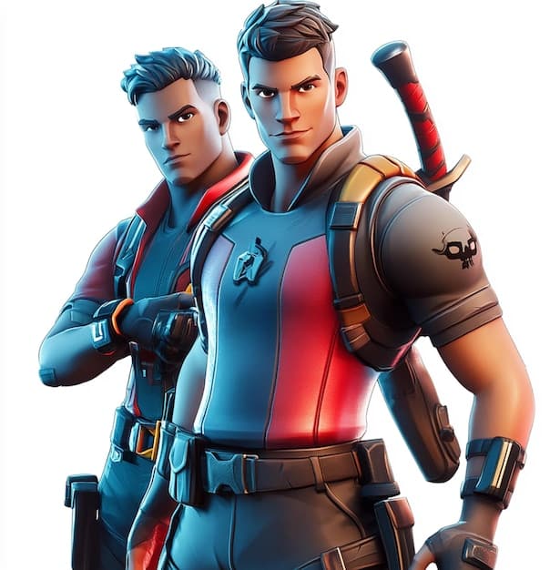 Two Fortnite players wearing customized superhero skins, featuring coordinating color schemes and emblem designs, leaping dynamically off a skyscraper, exemplifying personalized and synchronized aesthetics.