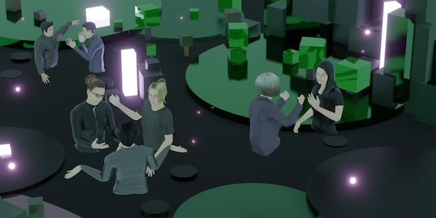 A digital illustration of a gaming convention scene, showcasing community skin designers presenting their concepts to a panel of judges, with attendees looking on.