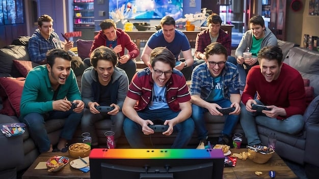 An LGBT League of Legends esports team participating in a panel discussion at an esports conference, advocating for inclusivity and policy changes. The backdrop displays related advocacy goals.