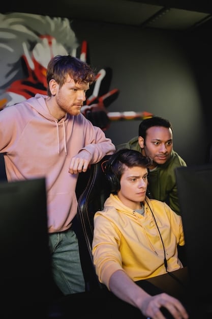 A dynamic shot of esports athletes participating in a training session, guided by experienced coaches, with a focus on strategic gameplay, teamwork, and mental fortitude, all within a state-of-the-art esports facility.