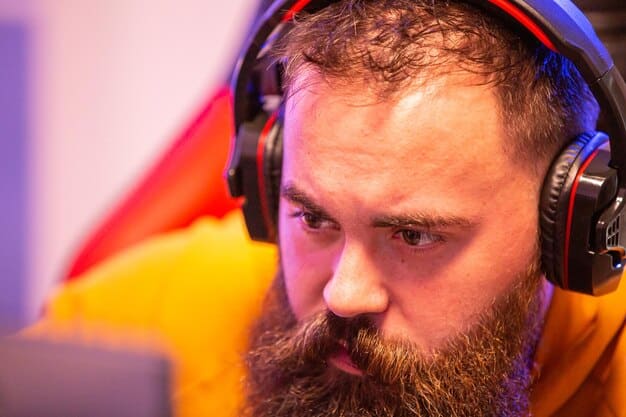 A close-up shot of a League of Legends player wearing a headset with rainbow accents, focused intently on the game.