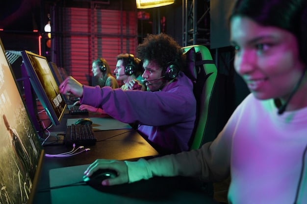 A group of diverse League of Legends players gathered around a computer, strategizing and communicating during a practice session. The image should convey teamwork, focus, and excitement.