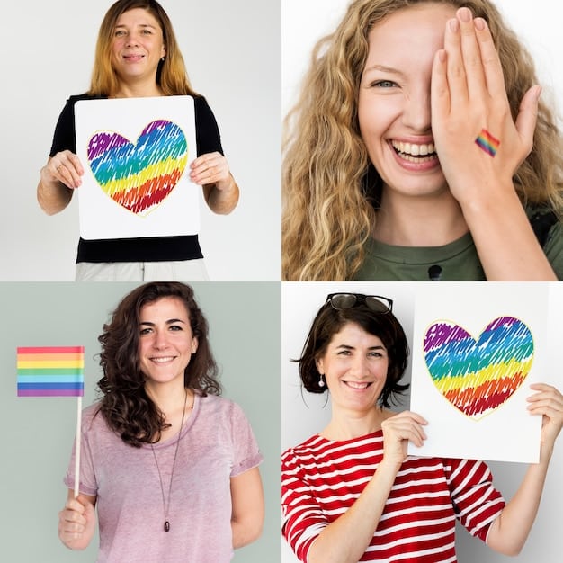A collage of images representing LGBT pride and support, featuring rainbow flags, diverse individuals, and welcoming messages.