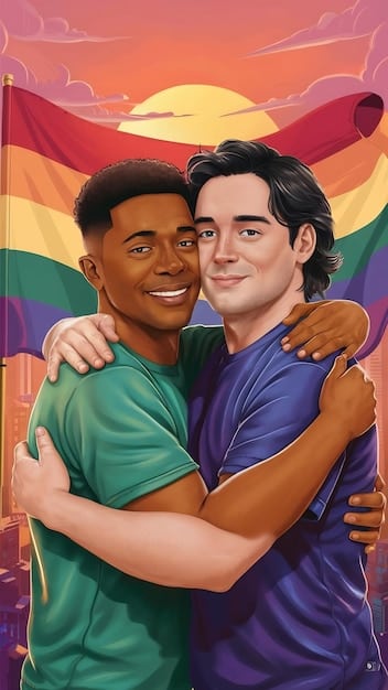 A digital illustration showing diverse LGBT League of Legends players celebrating a victory together, with their characters from the game cheering alongside them. The illustration emphasizes teamwork and community spirit.