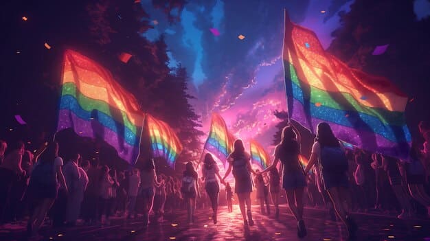A vibrant in-game screenshot of a League of Legends event dedicated to LGBTQ+ Pride, featuring special emotes, colorful banners, and champions with themed cosmetics, highlighting community interaction.