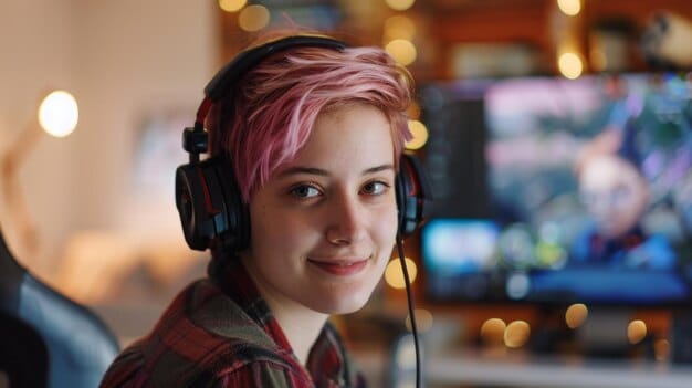 A screenshot of a transgender League of Legends esports caster during a broadcast, showing them providing commentary on a match.