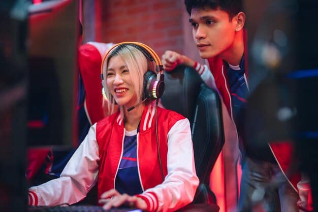 Two League of Legends players, one male and one female, wearing headsets and smiling as they strategize during a game. They are surrounded by team members in a brightly lit gaming room. Are League of Legends LGBTQ+ Player Groups Making a Difference? A Look at Community Impact in 2025 is subtly visible on a poster in the background.