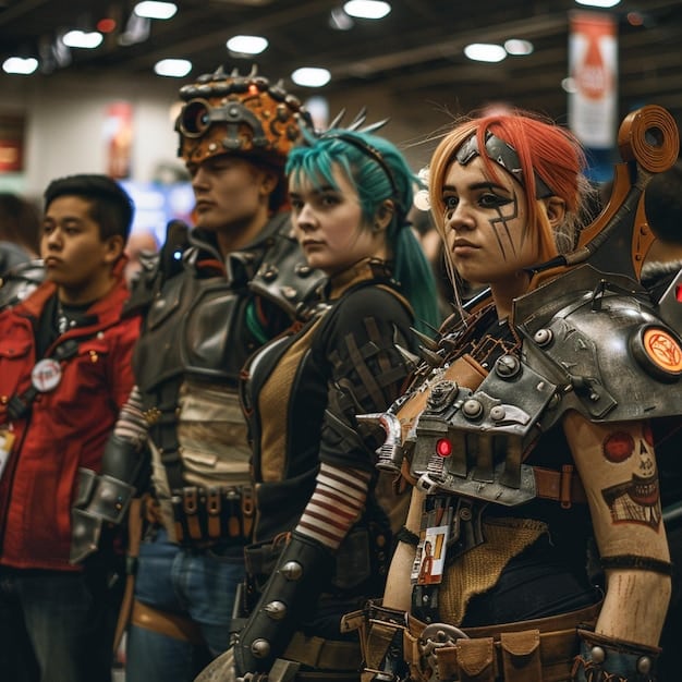 A photograph taken at a gaming convention, showing several cosplayers dressed as League of Legends characters. Two of the cosplayers are dressed as Caitlyn and Vi and are posed in a playful and affectionate manner. The background includes signage for the convention and other cosplayers. The image represents the vibrant community surrounding League of Legends fan fiction.