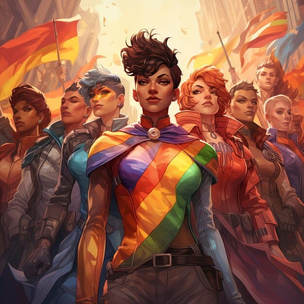 Concept art of a potential new League of Legends champion who is explicitly LGBTQ+, showcasing a unique design that blends seamlessly with Runeterra's lore. The character's visual identity would reflect their personality and background, contributing to greater diversity and storytelling opportunities.