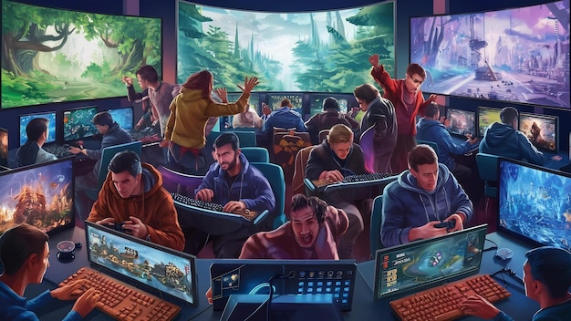 An eye-level view of diverse players engaged in an online League of Legends game. Monitors display in-game scenes, and pride flags hang in the background. Show unity and inclusivity within the League of Legends LGBTQ+ Player Surveys: What Are the Key Findings from 2025?.