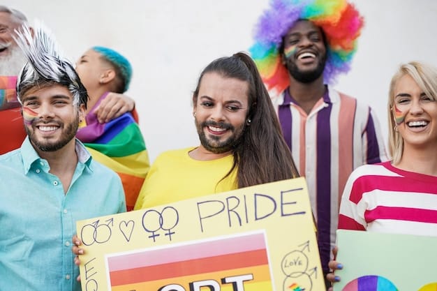A group of diverse Riot Games employees participating in a Pride parade, holding signs and banners supporting LGBTQ+ rights. The employees are smiling and engaging with the crowd.