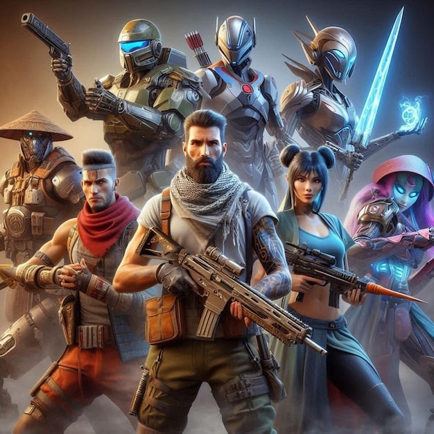 A digitally rendered image showcasing characters from different games (e.g., Fortnite, League of Legends, Overwatch) standing together in a dynamic pose, all wearing skins inspired by a famous fashion brand. The setting is a futuristic fashion show, emphasizing the blend of gaming and high fashion in 