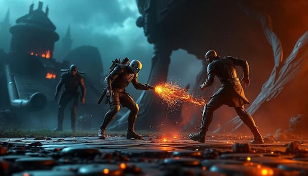 A dynamic in-game screenshot showing Ezreal dodging abilities in a teamfight, highlighting his mobility and the chaos of battle.