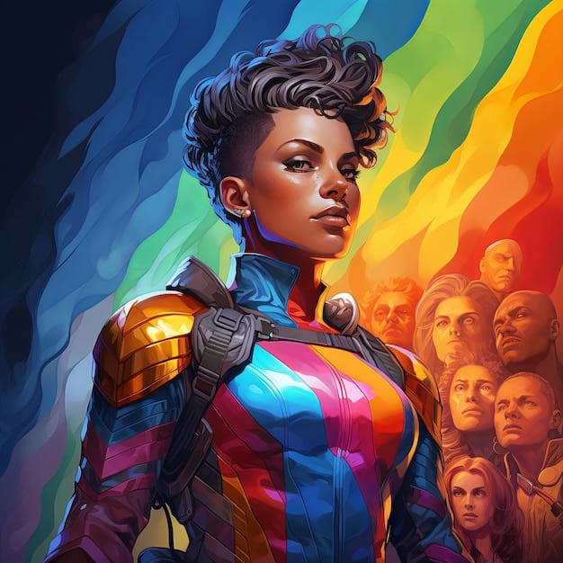 A detailed, stylized portrait of a League of Legends champion, featuring elements of rainbow colors subtly incorporated into their design, representing in-game diversity.