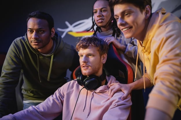 A League of Legends team huddle, with players from diverse backgrounds (including LGBT individuals) showing support and encouragement for each other. The atmosphere is positive and energetic, highlighting the benefits of inclusivity in teamwork.