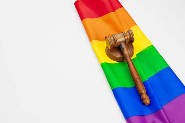 A gavel with a rainbow flag background, symbolizing legal protections and rights for LGBT esports athletes.