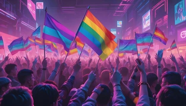 An esports arena with spectators holding rainbow flags, transgender flags, and signs that say 
