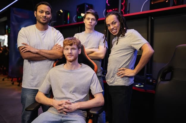 Members of an LGBT esports team posing for a group photo at a gaming event, showcasing their team logo with pride and solidarity. The image symbolizes safe spaces and community, showing how are US esports organizations addressing online harassment and toxicity targeting LGBT players by fostering support and belonging.