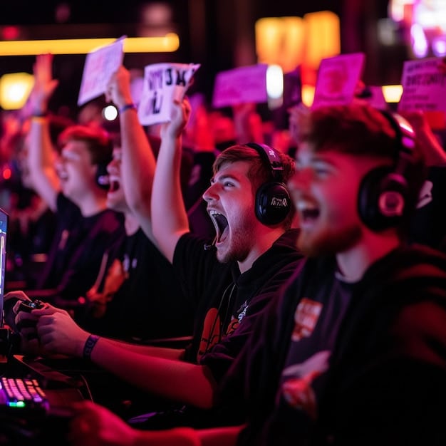 A League of Legends esports match is in progress, with crowd cheering. Focus on the emotion and tension of competitive gaming. Relates to what are the key challenges facing LGBT League of Legends players in the US esports scene in 2025?