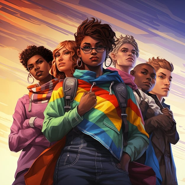 A group of diverse League of Legends players, including LGBT individuals, participating in a community event. They are smiling and engaging with fans. The image signifies the potential for creating inclusive and supportive environments within the League of Legends esports community. The phrase 
