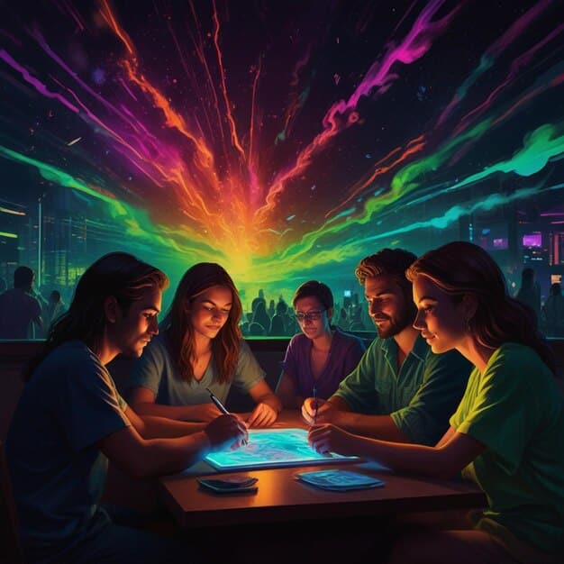 A team of League of Legends players, managed by an LGBT owner, strategizing during a break at a tournament. They are analyzing gameplay footage on laptops, deep in discussion. Highlights the competitive advantages that diverse teams can bring to the US League of Legends scene.